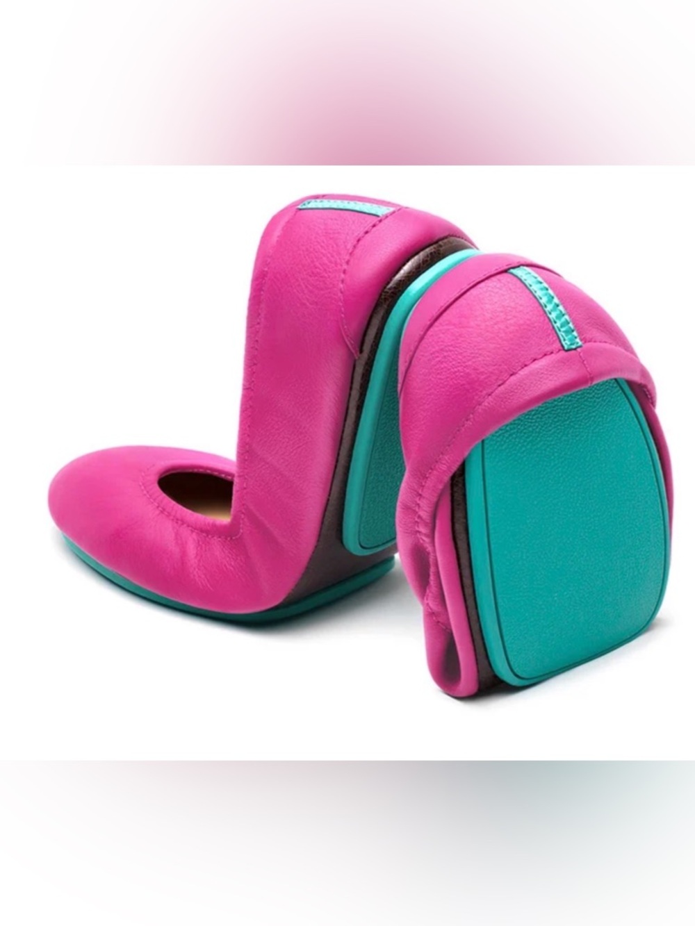 Tieks by Gavieli Women's Hot Pink Leather Ballet Flats with Turquoise Sole - Picture 2 of 13